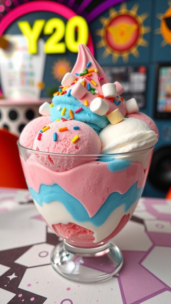 A colorful bowl of Y2K inspired ice cream with strawberry, blue raspberry, and vanilla layers, garnished with sprinkles and marshmallows.
